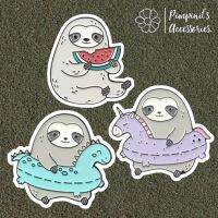 ?? พร้อมส่ง : เข็มกลัดเซ็ทสลอธสวมห่วงยางและกินแตงโม | Sloth Wearing Swim Ring&amp;Eating Watermelon Enamel Brooch Pin Set.