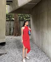 YD001 Asymmetric dress with open back (dr028) เดรสแขนยาวข้างเดียว เปิดหลัง