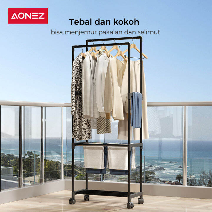 Aonez Rak Gantungan Baju Celana Sepatu Stand Hanger Dengan Roda