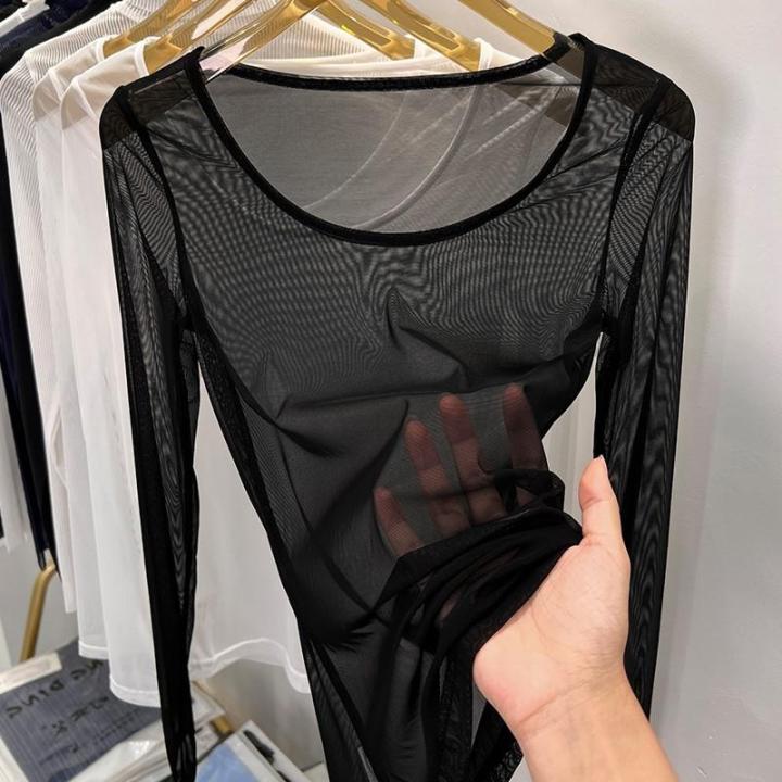 Big Neckline Mesh Bottoming Shirt Women's Long Sleeve Transparent Black ...