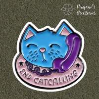 ʕ •ᴥ•ʔ ✿ พร้อมส่ง : เข็มกลัดลายแมวเหมียวสีฟ้าคุยโทรศัพท์ | “END CATCALLING” Little Blue Cat Enamel Brooch Pin.