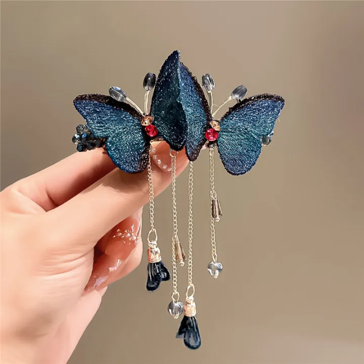 2023 Korean New Shiny Rhinestone Butterfly Tassel Hair Clips Light Luxury  Pill Head Pearl Butterfly Ponytail Hair Claw Women's Hair Accessories |  Lazada PH