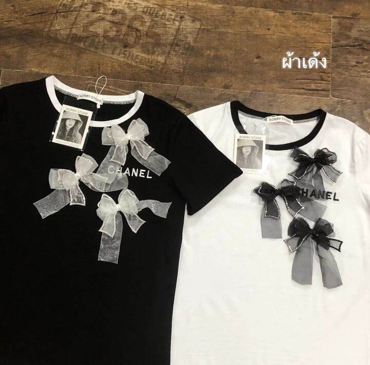 chanel-new-collection-เสื้อคอกลมแขนสั่นผ้าเด้งแต่งอ่ะไหล่ปักlogoหน้างานแบรนด์ใช้ผ้ายืดเด้ง