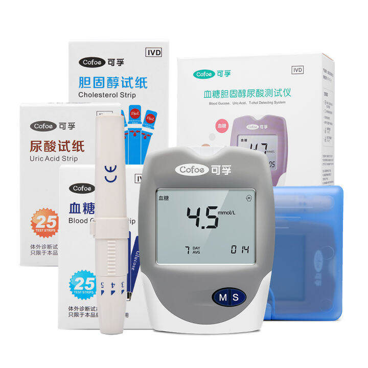 Cofoe In Cholesterol Uric Acid Blood Glucose Meter With Pcs Test Strips Glucometer