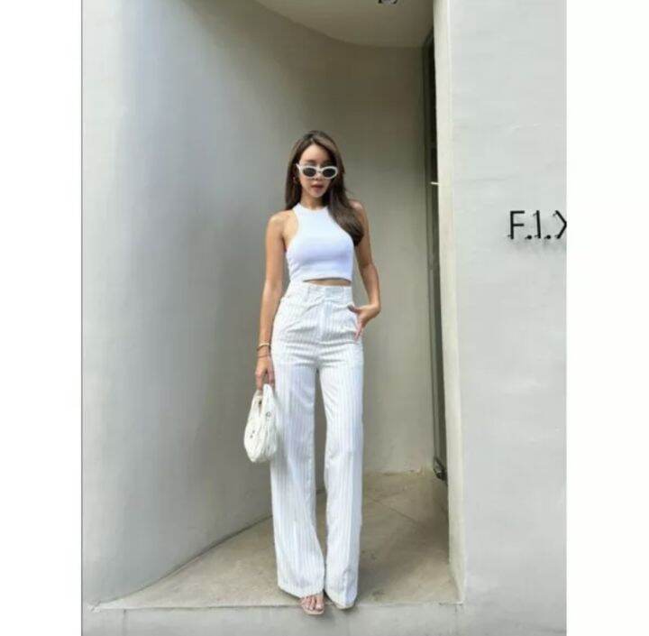 yolanda-stripe-high-waist-pantกรี๊ดดมาก-ดีไซส์ใหม่เข้า-ผ้าเดียวกัน-กางเกงเอวสูง-กางเกงขากระบอก-กางเกงแฟชั่น-กางเกงลายทาง