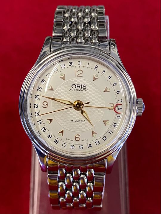 oris-25-jewels-automatic-สี่เข็ม-เข็มชี้วันที่ก้ามปู-ตัวเรือนสแตนเลส-บอยไซร์-นาฬิกาผู้ชาย-มือสองของแท้