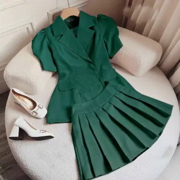 Set áo váy kiểu áo vest tay dài chân váy xếp ly ( Đen ) | AlvinStore.Vn