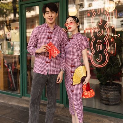 🧧 พร้อมส่ง 🧧 Set กี่เพ้า ชุดคู่ตรุษจีน ชุดคู่สีแดง ชุดคู่กี่เพ้า ชุดถ่ายพรี เสื้อคู่ เสื้อกี่เพ้า ชุดใส่ตรุษจีน ชุดคู่รัก VSM #0109