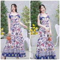 Maxi dress ผูกไหล่ลายดอกผ้าเชิง แบบผูกเอง (สายปรับระดับได้)มีซิปซ่อนด้านหลัง มีซัปใน