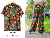 เซทคู่ ผ้าเรยอน ?ลายกัญชา?เสื้อ M-2XL/กางเกงเอว-สะโพกฟรีไซส์