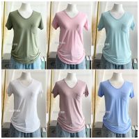 [069 ] เสื้อยืดเรย่อน คอวี  อก 30-42 สีพื้น มีกระเป๋า สาวอวบใส่ได้ ผ้านุ่มใส่สบาย