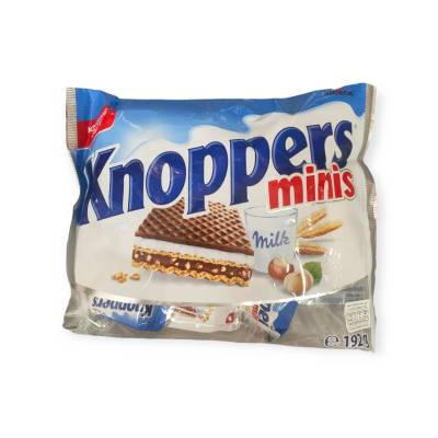 Knoppers minis Wafer 192 g.มินิเวเฟอร์ เคลือบช็อคโกแลต สอดไส้ครีมนม และครีมนูกัดผสมเฮเซนัท 192กรัม