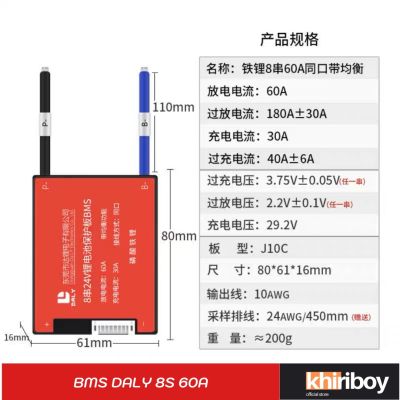 BMS DALY 24V 8S 60A อุปกรณ์ป้องกันแบต Lifepo4