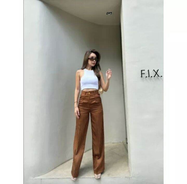 yolanda-stripe-high-waist-pantกรี๊ดดมาก-ดีไซส์ใหม่เข้า-ผ้าเดียวกัน-กางเกงเอวสูง-กางเกงขากระบอก-กางเกงแฟชั่น-กางเกงลายทาง