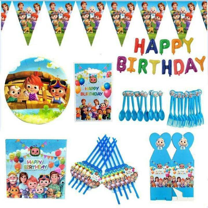birthday party decoration balloon , banner , loot bag , table cover , candy