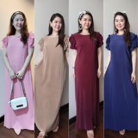 Maxi Dress ชุดเดรสยาว ชุดพลีท ชุดเดรสยืดเนื้อผ้าอัดพลีท ชุดเดรสใส่ออกงาน ชุดเดรสสีพื้น ชุดใส่ทำงาน แฟชั่นสาวอวบ ชุดเดรสแต่งระบายไหล่