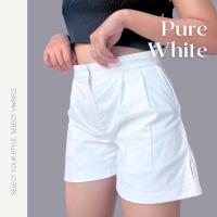 VINISEQ รุ่น Casual Style สีขาว Pure White กางเกงขาสั้นเอวสูง ทรงสวย ผ้าคอตตอน ผ้าหนาอย่างดี มีซับใน ผ่าข้าง ซิปหน้า ติดตะขอ กระเป๋าข้าง