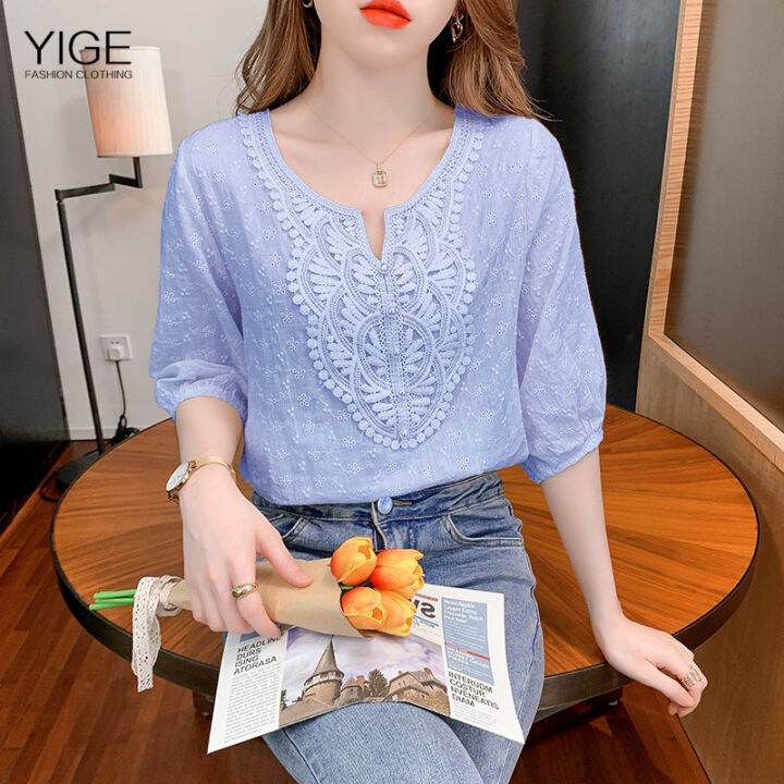 YIGE V-neck embroidered blouse women's 2023 new summer fashion ...