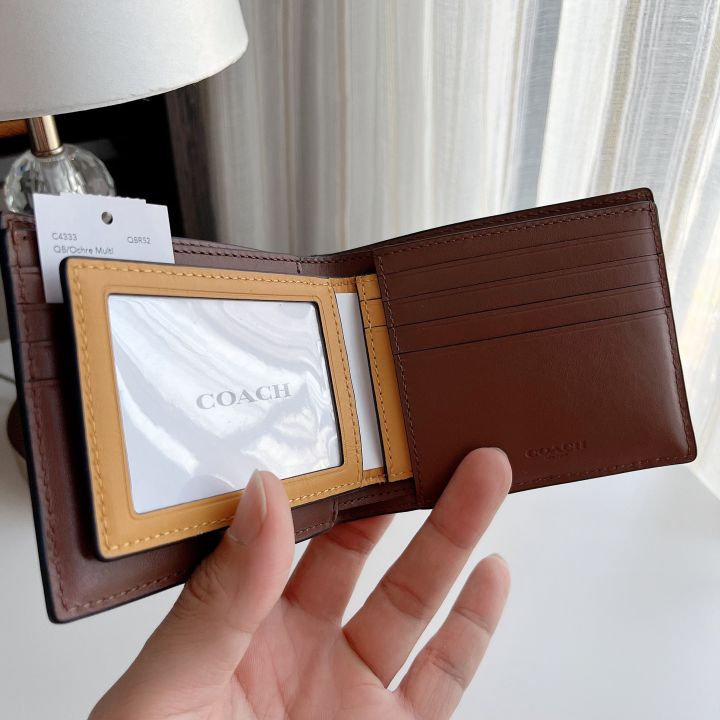 ของแท้100-กระเป๋าสตางค์ชาย-double-billfold-wallet-in-signature-coach-c4333-qb-ochre-multi