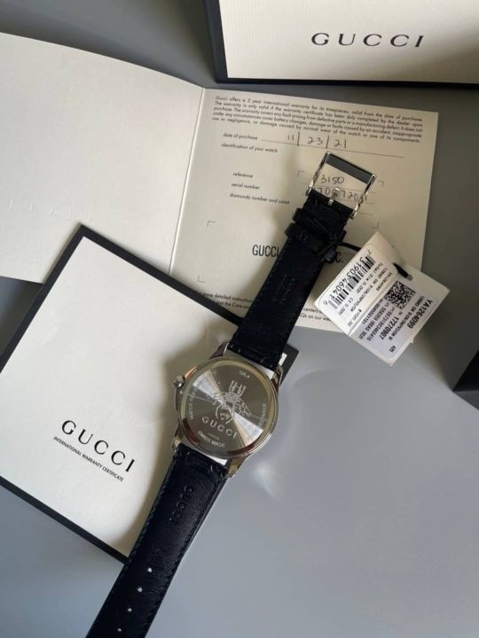 นาฬิกาข้อมือ-new-gucci-g-timeless-watch-สายหนังดำ-ปั๊มโลโก้ลาย-gg-หน้าปัดขนาด-38mm