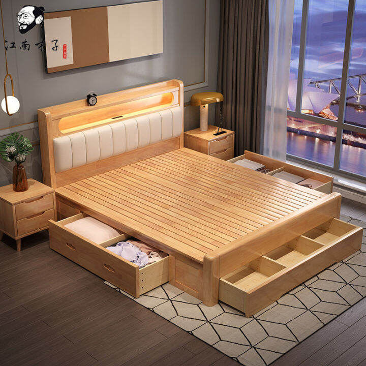 Nordic Solid Wood Bed 1.8 M Double Bed Modern Minimalist Master Bedroom 1.5 Box  Type Storage High Box Storage Drawer Bed | Lazada Ph