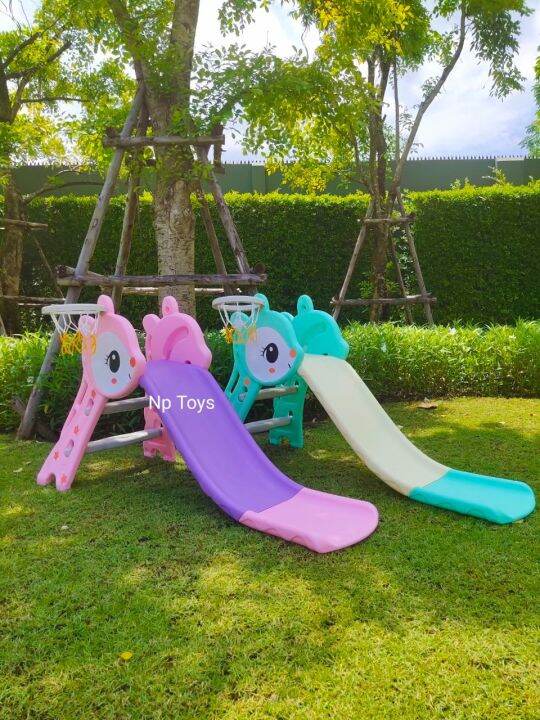 toykidsshop-สไลเดอร์-กระดานลื่น-กวางน้อยน่ารัก-2in1-มีแป้นบาส-ลูกบาส-no-6004