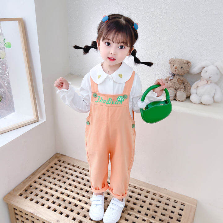 เอี๊ยมน่ารักแฟชั่นสำหรับเด็กหญิงชุดฤดูใบไม้ร่วงสำหรับเด็กและเด็กผู้หญิงกางเกงชุดสไตล์ตะวันตกสำหรับเด็กหญิง2ขวบ5ขวบชุดเด็ก3