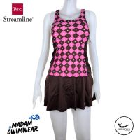 (Size S-XL) BSC Streamline ชุดว่ายน้ำหญิง แขนกุด ชุดแยกชิ้น เสื้อ กระโปรงกางเกง ลายตารางสีชมพู น้ำตาล