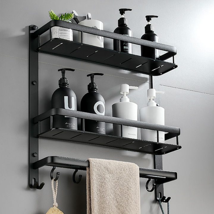 Bathroom Storage Rack Punch Free Space Aluminum Black Bathroom Towel Rack Double Layer Bathroom