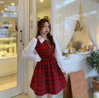 Đầm suông caro đỏ tay dài cổ bèo dễ thương diện tết noel đi tiệc đi chơi siêu cưng - P&T Shop