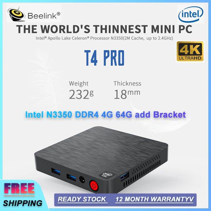 Beelink T4 Pro Mini PC Intel N3350 4G+64G eMMC Windows 10 Office Dual WIFI BT4.0 4K HD Display