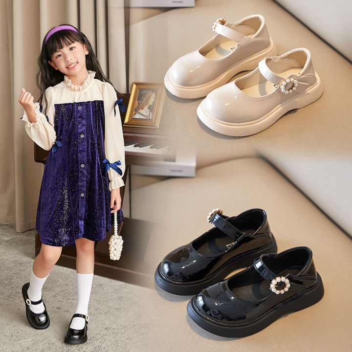 2023 Princess PU Shoes 2023 Spring New Black UK Uniform Shoes for Students  Soft Kids Girls with Metal Shallow Children Mary Jane