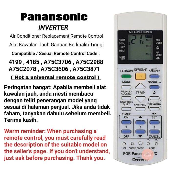 Panasonic inverter air conditioner Replacement Remote Control 4185 /