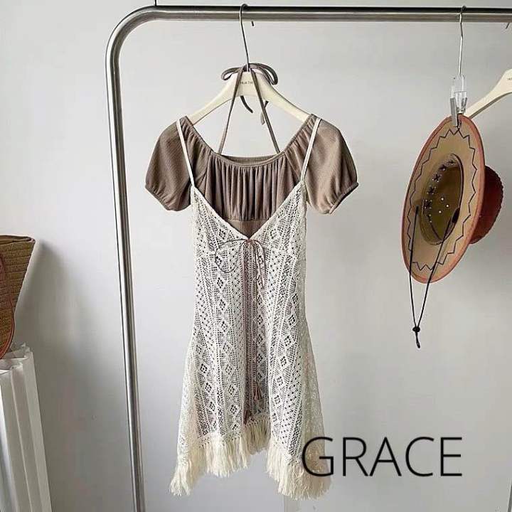 ชุดเซ็ตเดรส-เสื้อโครเช-น่ารักเก๋ๆป้ายgrace