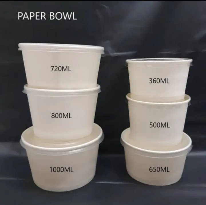 (50set) paper bowl mega polos + tutup ukuran 360ml 500ml 650ml 720ml ...
