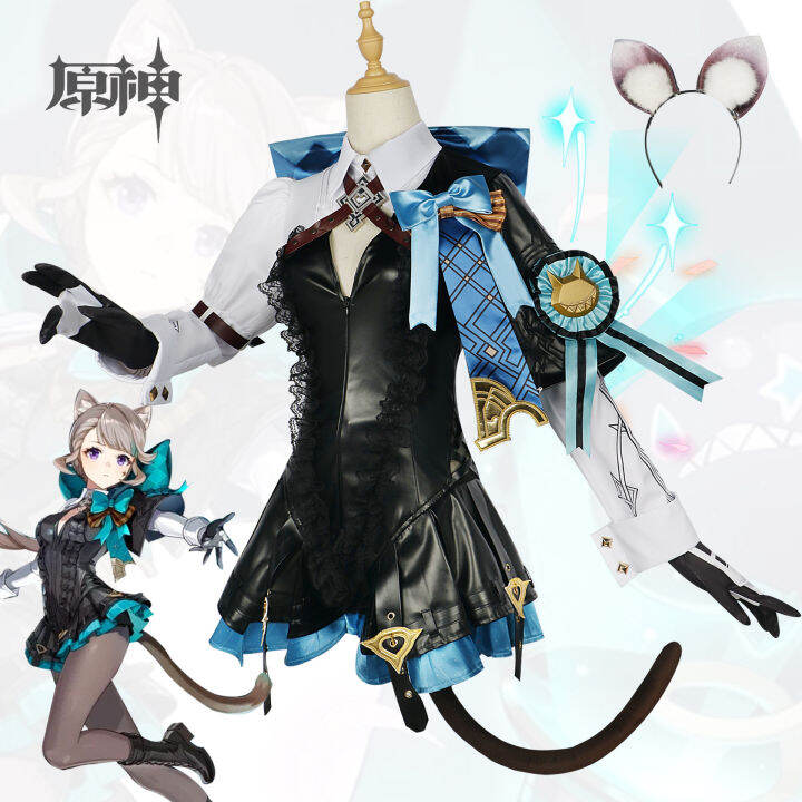 Genshin Impact Lynette Cosplay Costume Fontaine Lyney Leather Uniform Dress Long Hair Ears Skirt 4794