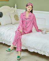 ชุดนอน Hot pink striped pajamas (premium silk satin)