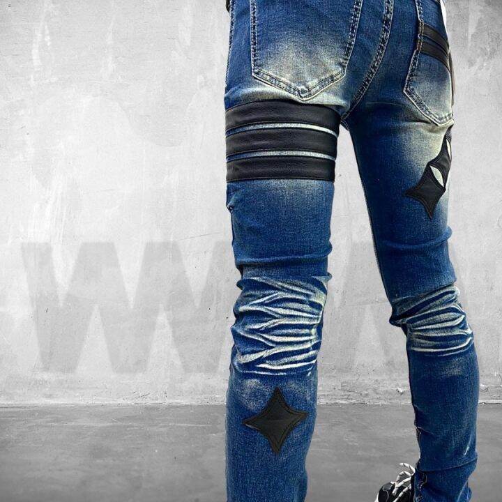 ใหม่ล่าสุด-denim-style-กางเกงยีนส์ฟอกคาดแถบลายดาวกระจาย-ลายไม้กางเขน-ลายสายฟ้าตัวใหม่สุดพร้อมเข็มขัดผ้าหรือเชือกตรงรุ่น