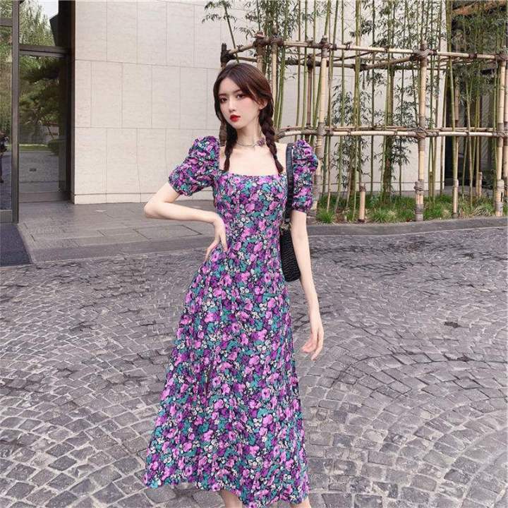 Large Size French Style Retro Chiffon Platycodon Grandiflorum Dress ...