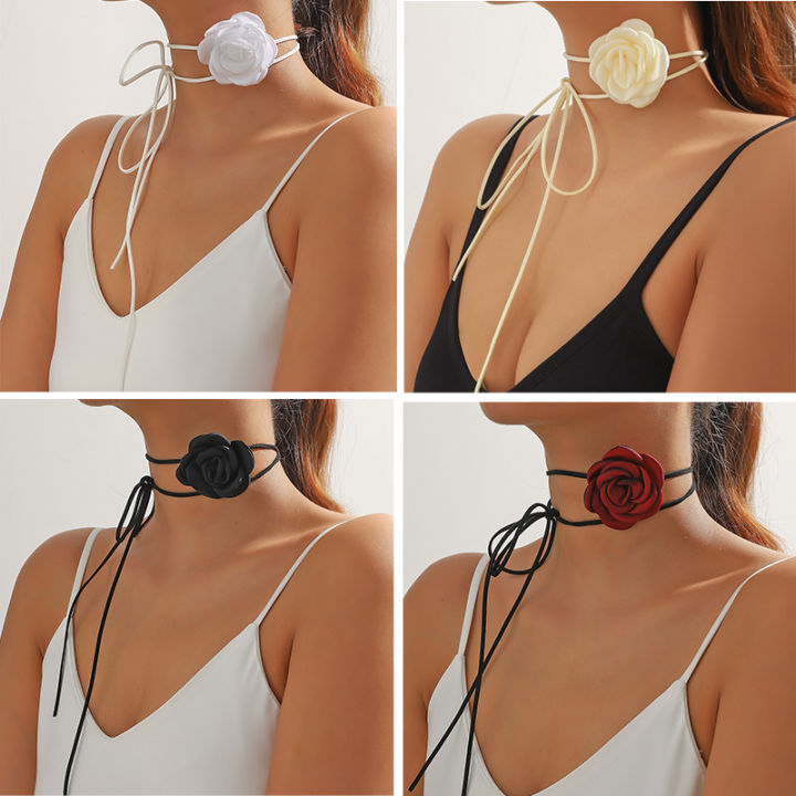 BETHYNAS Vintage Flower Choker Necklace Gothic Large Rose Neck Chain Long  Wrap Leather Collar Tie Floral Women Neck Accessories Bridal Party Jewelry