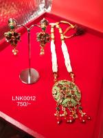 Gold Plated Long Necklace &amp; Earrings SET with Pota Stone and Pearl Beads