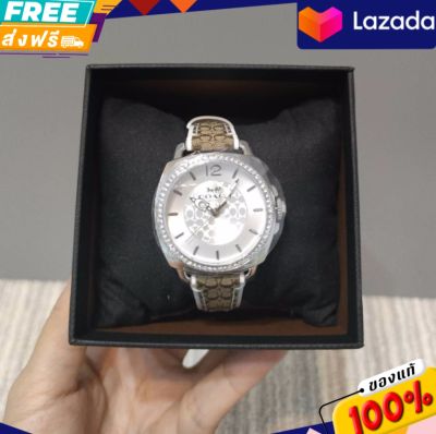 นาฬิกา Coach Ladies Boyfriend Signature Fabric Leather Watch หน้าปัดสีเงิน 34 มม.