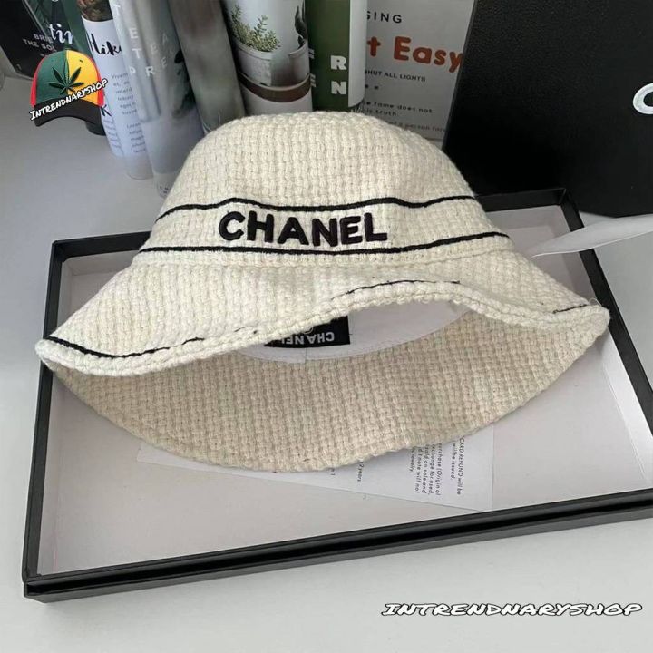 หมวกchanel-bucket-ผ้าทวิต-งานโลโก้-พร้อมป้าย-มี-2-สี-ขาวและดำ