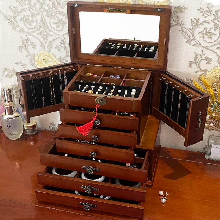 Large Capacity Jewelry Storage Box Solid Wood Retro MultiLayer Hand Jewelry Necklace Ring