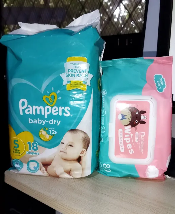 Pampers Baby Dry Small Tape 18's with baby wipes 80's(random brand or ...