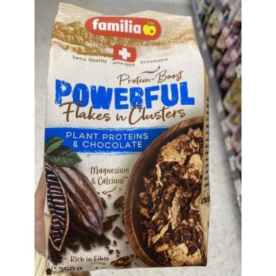 Familia Powerful Flaker n’Cluster Plant Protein &amp; Chocolate 350 g. แฟมิเลีย เฟลด แอนด์ คลัสเตอร์ ช็อกโกแลต ธัญพืชอบกรอบ ผสมช็อกโกแลต
