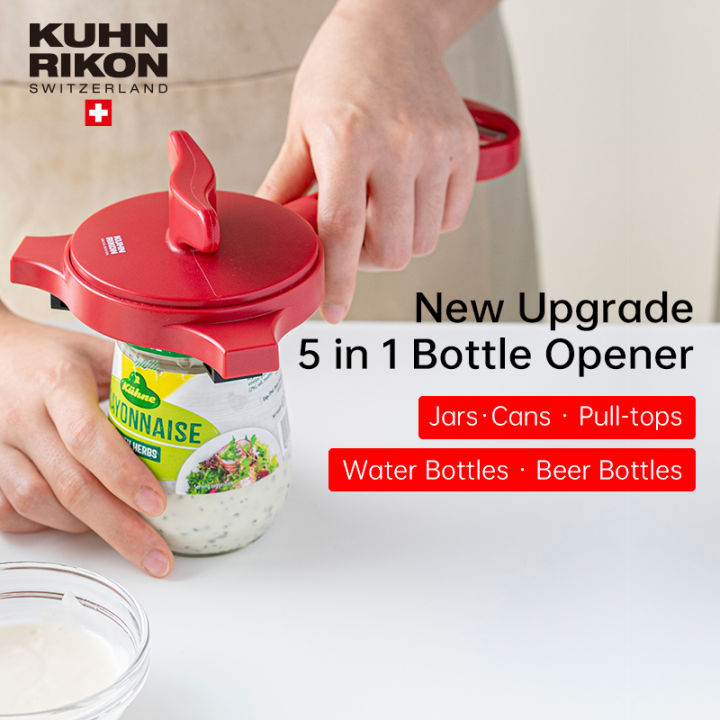 Just in from Kuhn Rikon, their 5-In-1Jar Openers! 1. Jar Opener for 1 to  3.5 inch tops. 2. Church Key bottle opener 3. Eye for small…