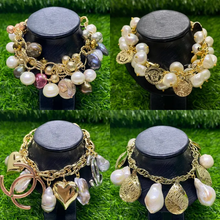 Real Freshwater Pearls Charms Bracelet 5 microns settings “Non