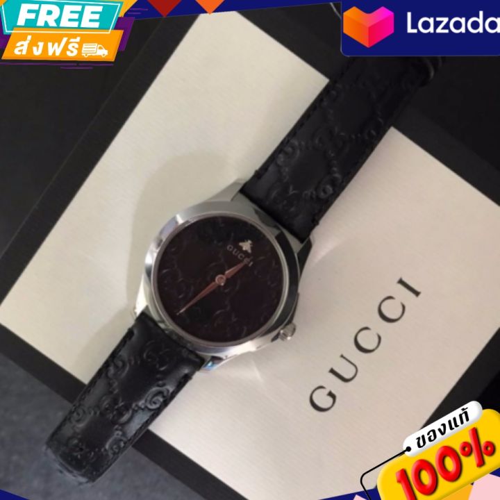 นาฬิกาข้อมือ-new-gucci-g-timeless-watch-สายหนังดำ-ปั๊มโลโก้ลาย-gg-หน้าปัดขนาด-38mm