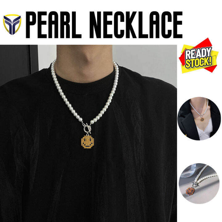 【Franco Fashion】คริสตัลบุคลิกภาพโมเสคหน้ายิ้มจี้สร้อยคอมุกสำหรับผู้ชาย